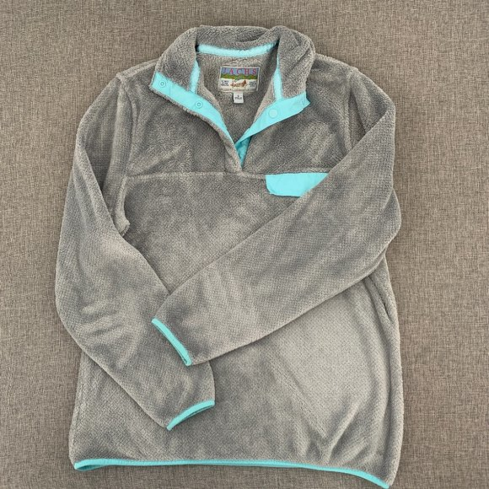 Jachs Cabin Fleece Mock Neck Pullover Sweater‎ Woman’s Size Small Gray Blue Trim